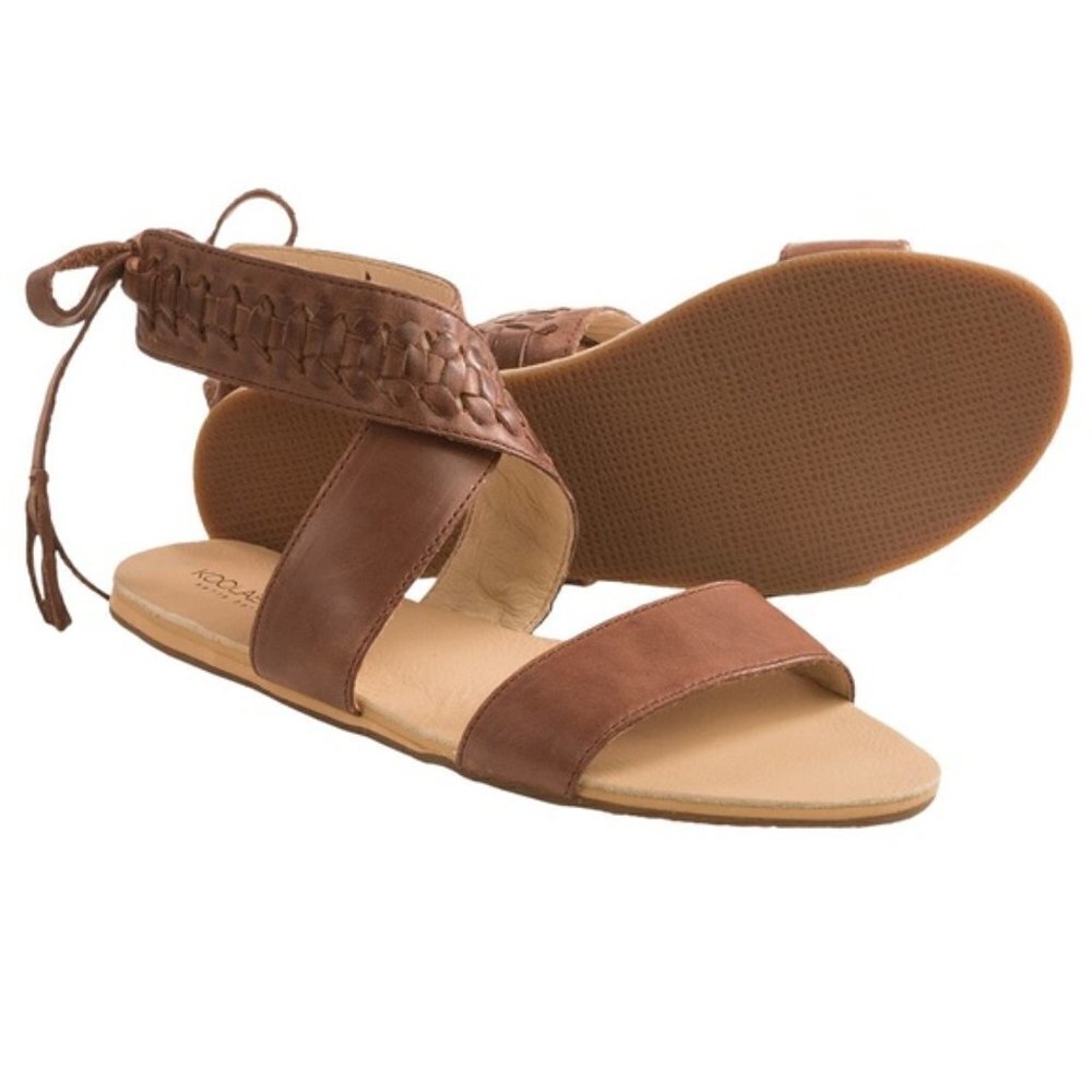 KOOLABURRA Alexa Brown Leather Wrap Sandals Size 8 Woven Ankle Strap Boho Flats